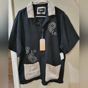Malibu by Drill Clothing Co. Mens Large Black Linen Look Button Down Shirt NWT